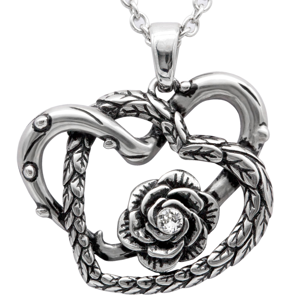 Sterling Silver Heart Pendant Necklace With Rose Charm