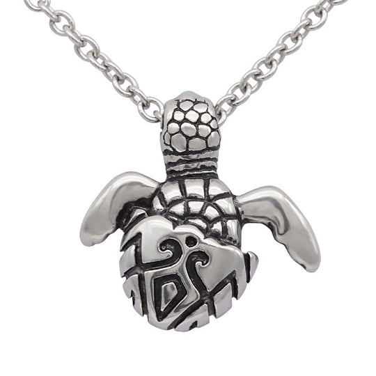 Tribal Turtle Necklace Sterling Silver Engraved Pendant