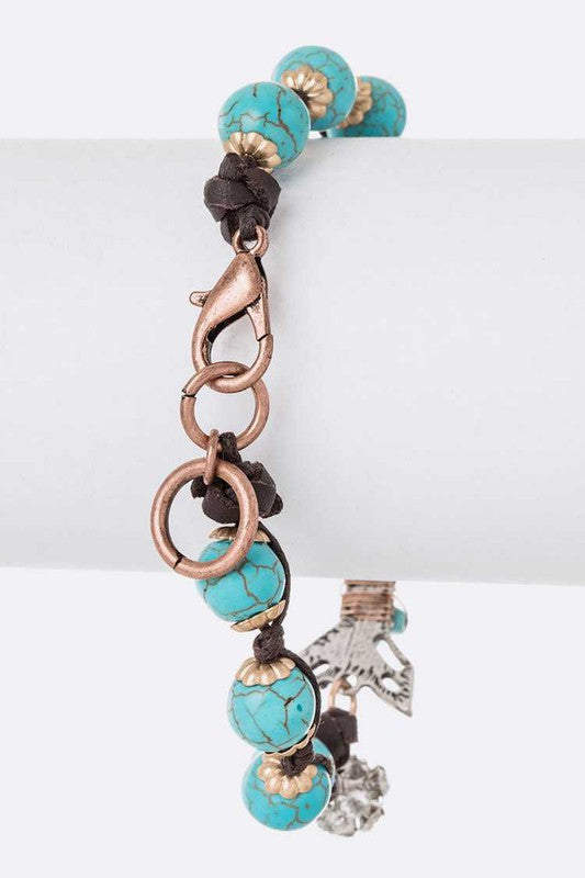 Turquoise Beaded Bracelet With Leather Cord And Copper Clasp