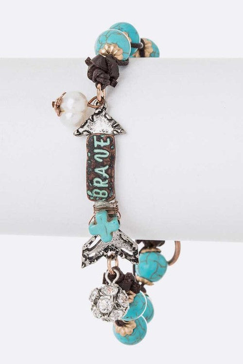 Turquoise Beaded Bracelet With Leather Cord And Copper Clasp