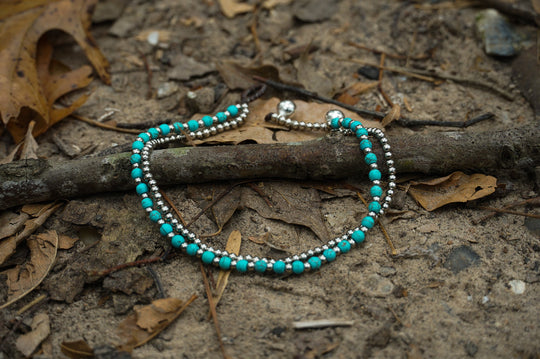 Turquoise Double Strand Boho Silver Anklet Adjustable