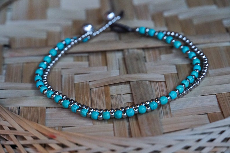 Turquoise Double Strand Boho Silver Anklet Adjustable