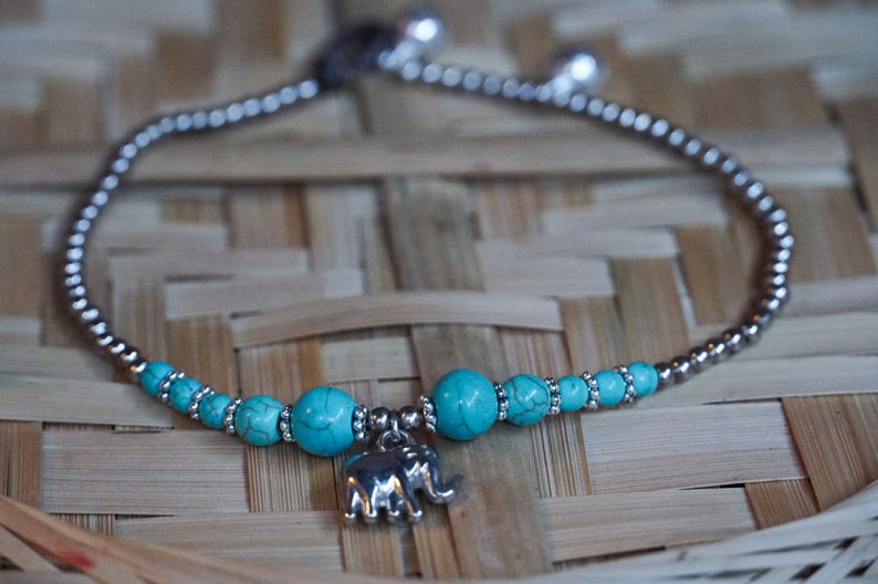 Turquoise Elephant Boho Silver Anklet Beach Jewelry