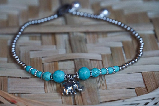 Turquoise Elephant Boho Silver Anklet Beach Jewelry