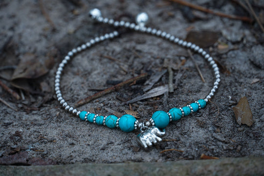 Turquoise Elephant Boho Silver Anklet Beach Jewelry