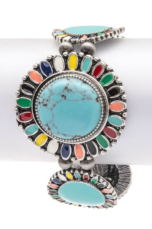 Turquoise Stone Western Boho Stretch Bracelet Multicolor