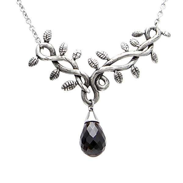 Vine Leaf Necklace With Faceted Black Stone Teardrop