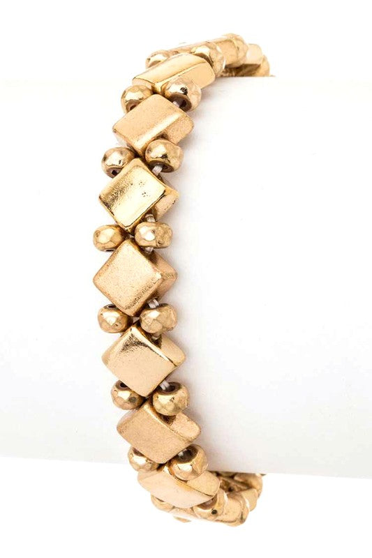 Vintage Inspired Gold Stretch Bracelet With Beaded Squares