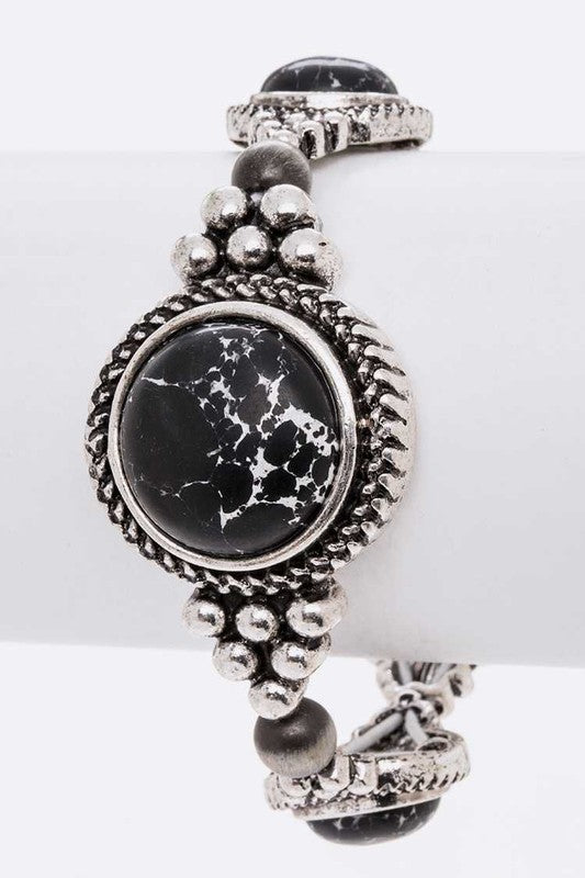 Western Black Howlite Stone Stretch Bracelet Silver