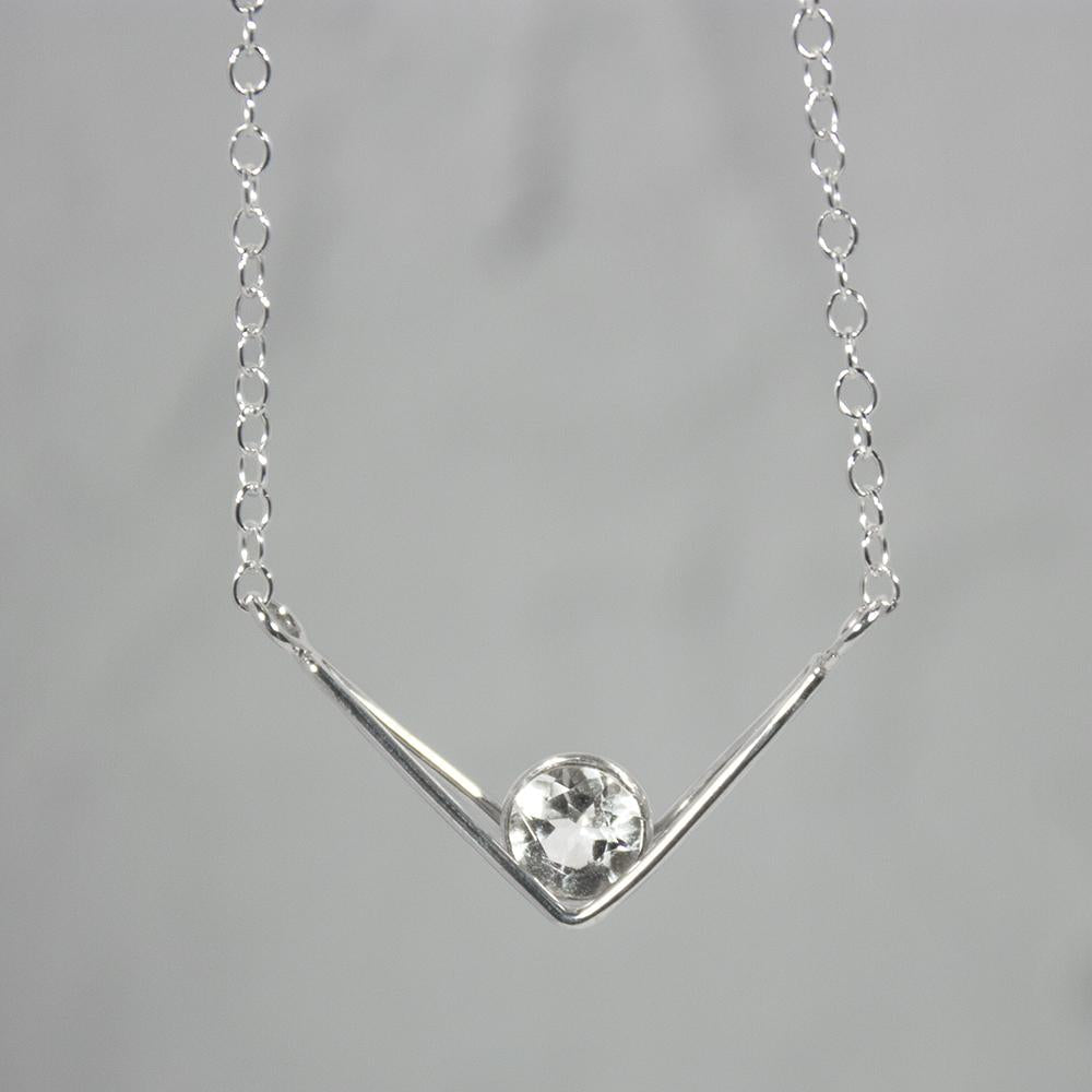 White Topaz Sterling Silver V Pendant Necklace 16 Inch