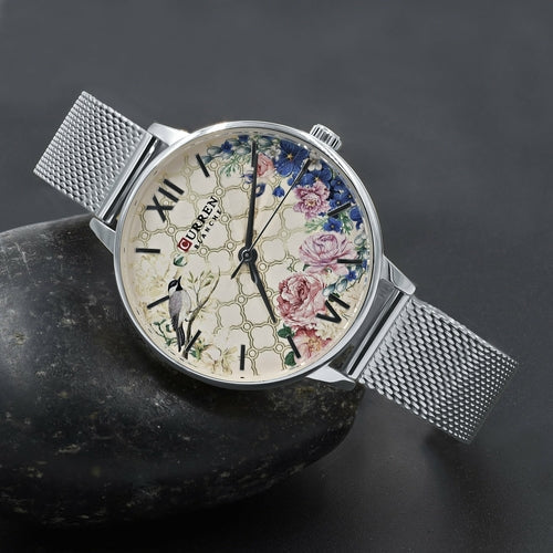 Women's Floral Dial Slim Mesh Band Stainless Elegant Watch