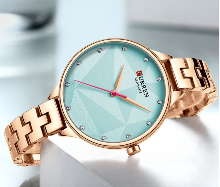 Women's Rose Gold Bracelet Watch Aqua Sunburst Dial